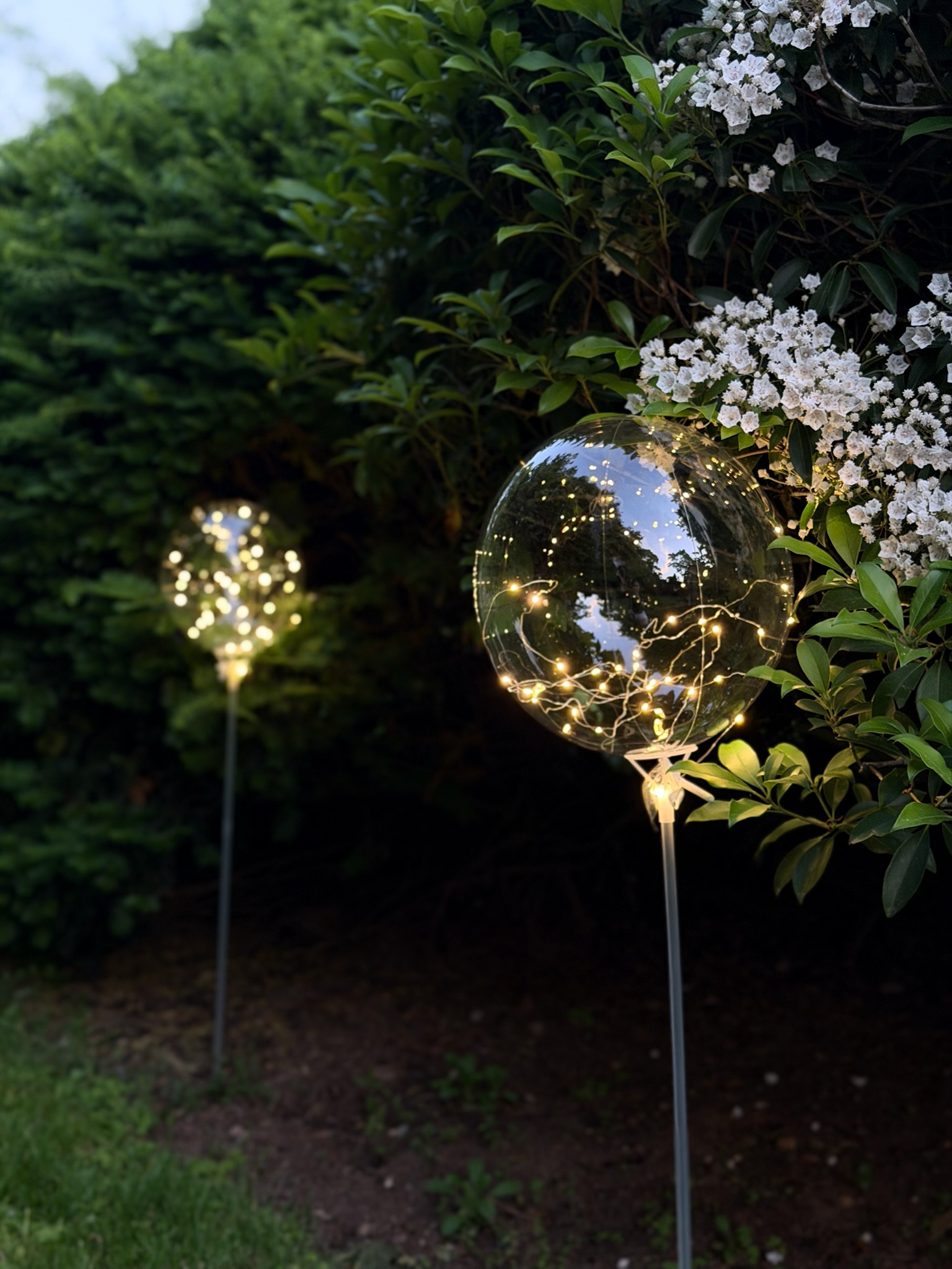 Two LED balloons glowing at night